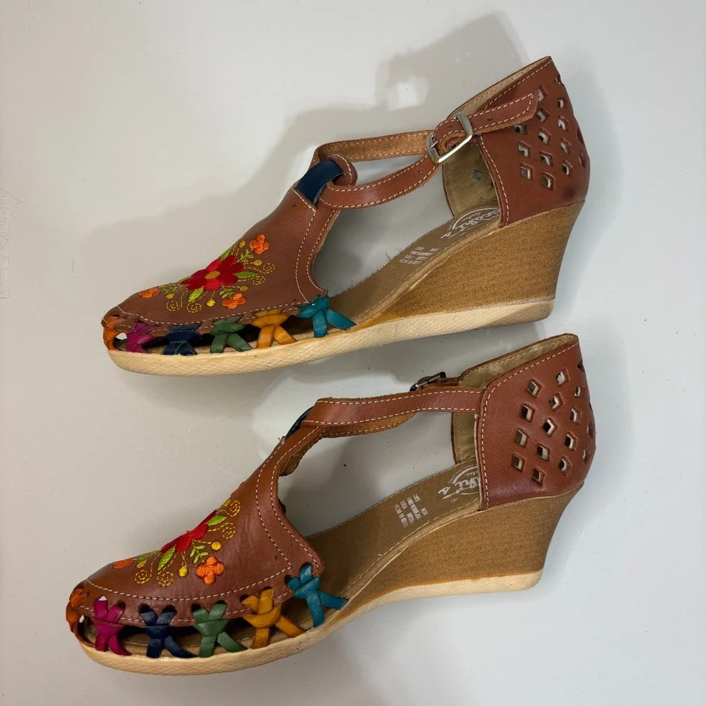 Cacahi's Mexican Huarache Wedge Sandal Sz 9 Tan Floral Strappy Shoe Boho Culture